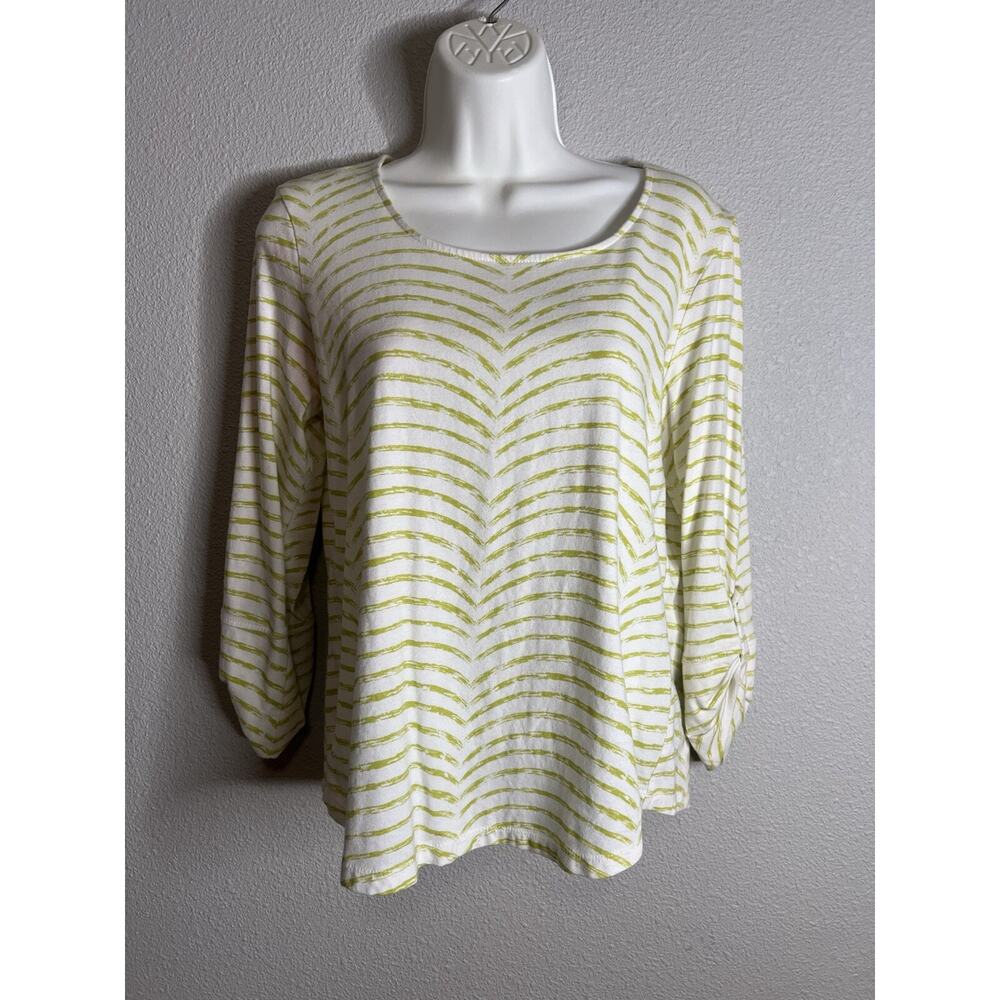 Chicos Top Womens 1 Medium Green Striped Button Tab Sleeve Scoop Neck Tee Casual
